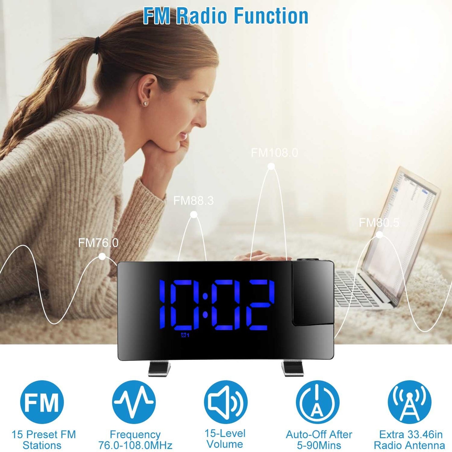 Projection Alarm Clock with Radio – Curved LED Screen, Dual Alarms, 4-Level Dimmer, USB Charging Port, 180° Rotatable Time Display |The Trendora Vault|