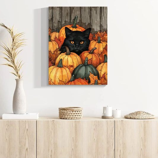 Festive Black Cat Wall Art – Autumn Pumpkin Patch Print, Halloween Home Decor, Cute Fall Cat Artwork for Seasonal Accent |The Trendora Vault|