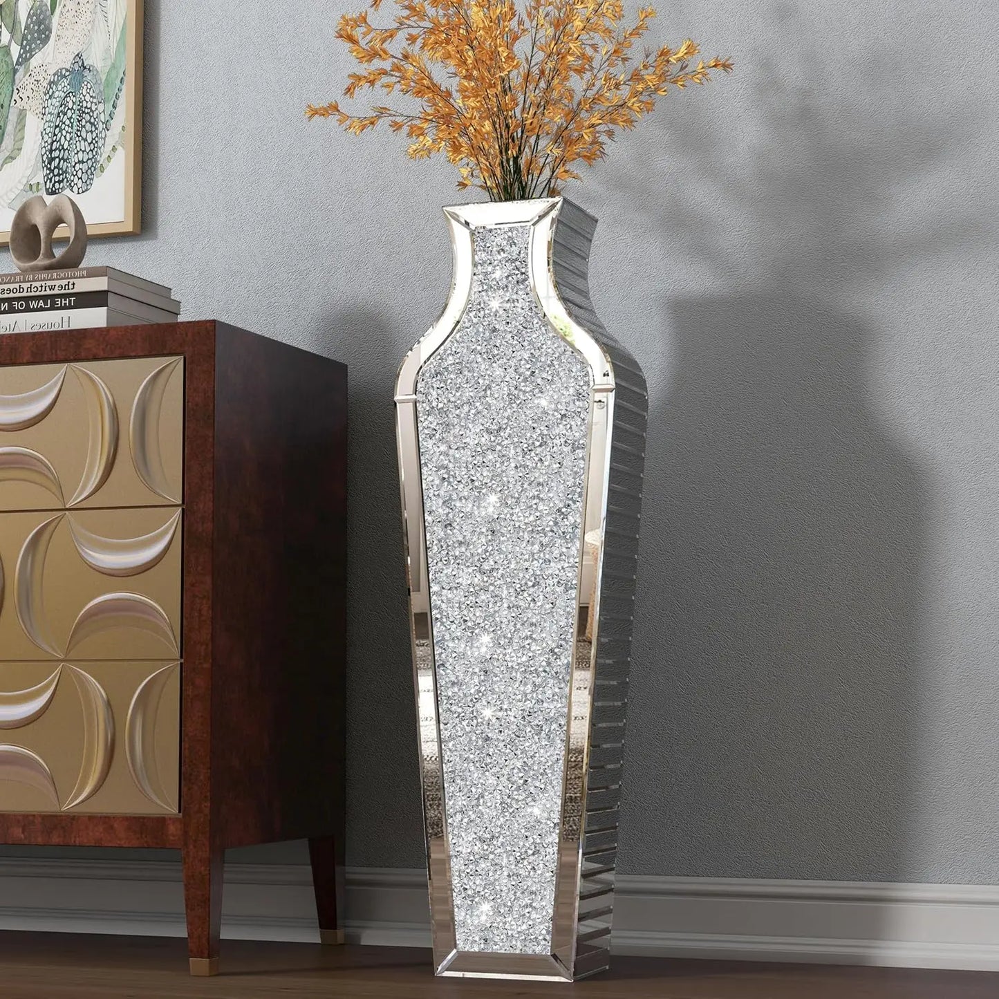 68CM Crushed Diamond Mirrored Floor Vase – Silver Crystal Glass Vase for Pampas Grass & Artificial Flowers, 2 Decorative Shapes |The Trendora Vault|