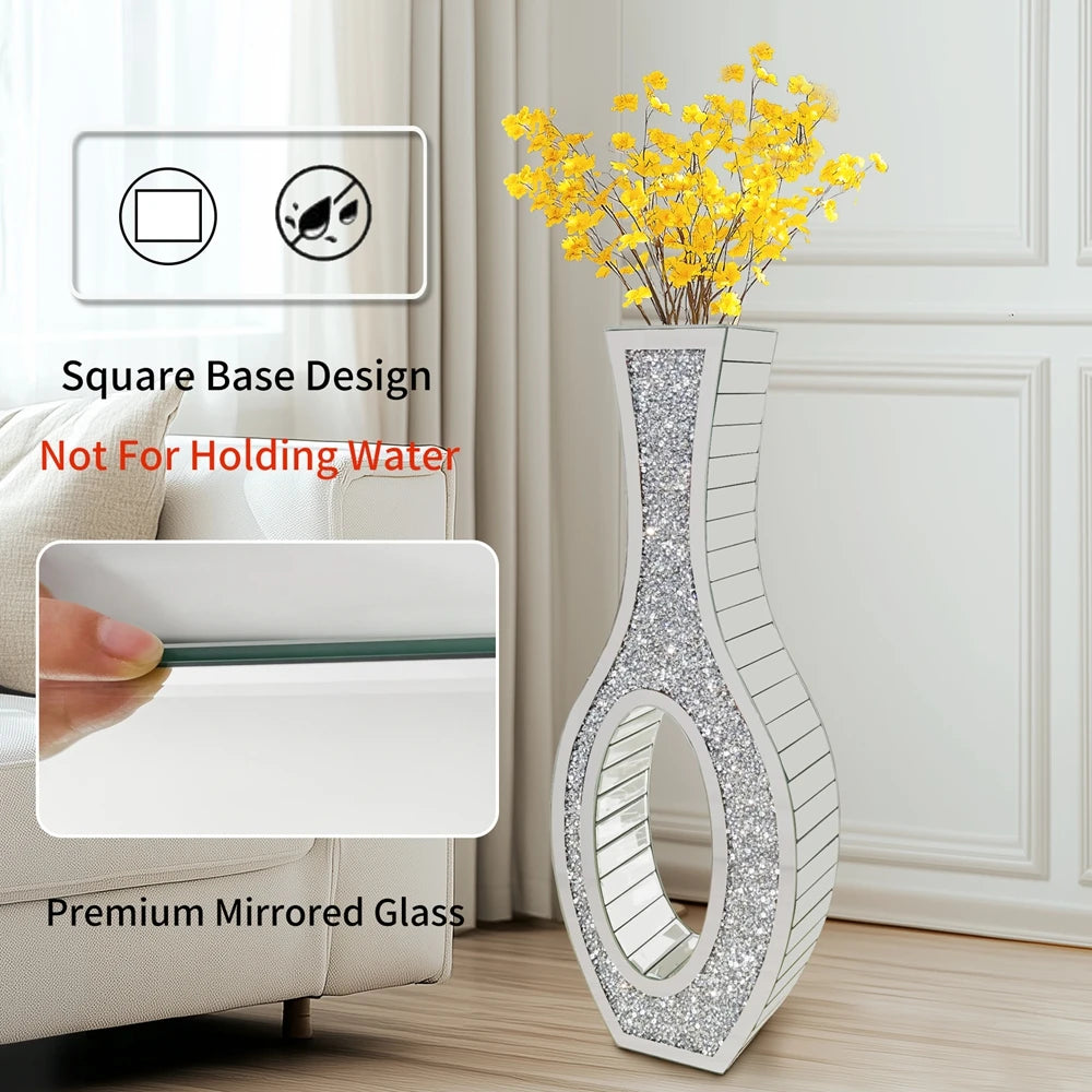 Tall Silver Mirrored Floor Vase – Decorative Crystal Crush Diamond Design for Living Room, Entryway, or Event Centerpieces |The Trendora Vault|