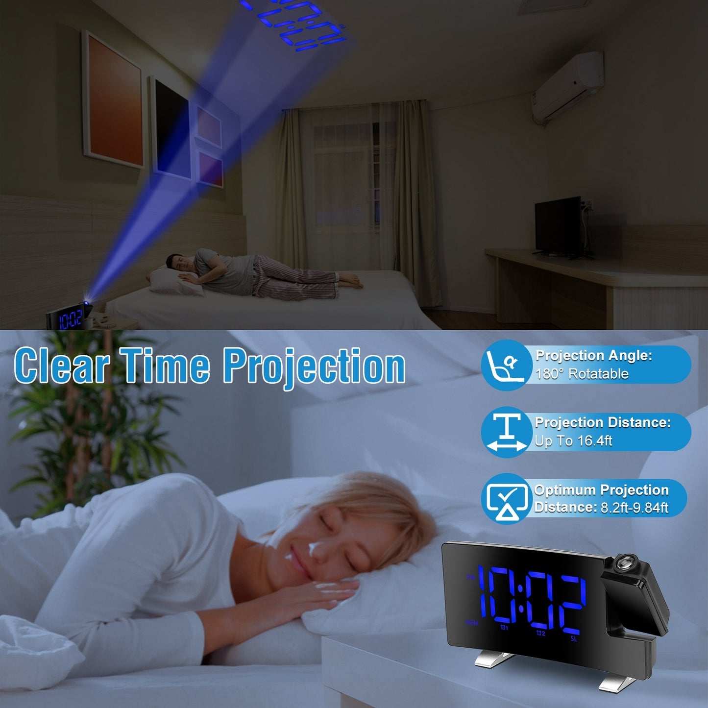 Projection Alarm Clock with Radio – Curved LED Screen, Dual Alarms, 4-Level Dimmer, USB Charging Port, 180° Rotatable Time Display |The Trendora Vault|