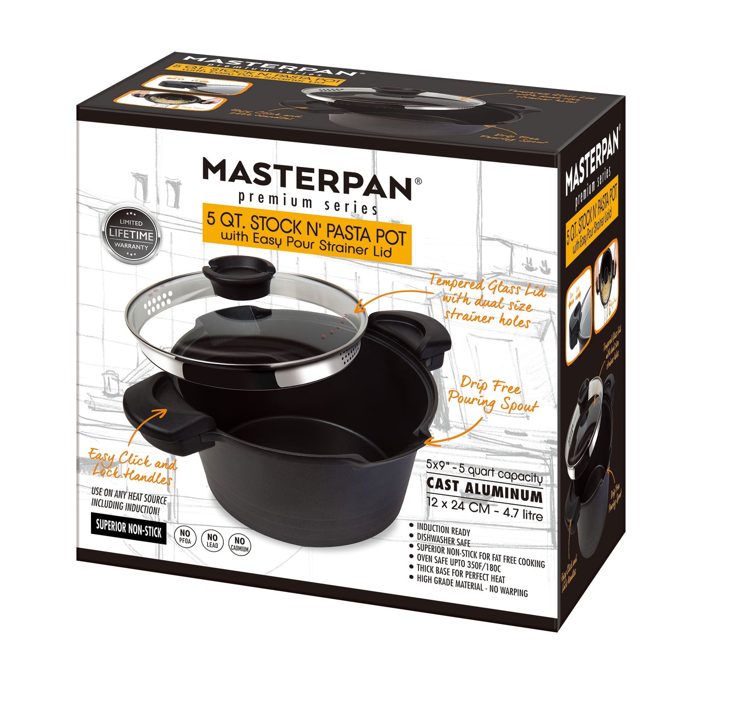 MASTERPAN 5QT Nonstick Stock & Pasta Pot9-Inch (23cm) Pot with Glass Lid & Built-in Strainer, Non-Stick Cookware for Boiling, Simmering & One-Pot Meals |The Trendora Vault|