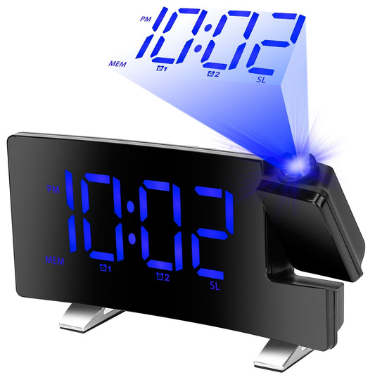 Projection Alarm Clock with Radio – Curved LED Screen, Dual Alarms, 4-Level Dimmer, USB Charging Port, 180° Rotatable Time Display |The Trendora Vault|