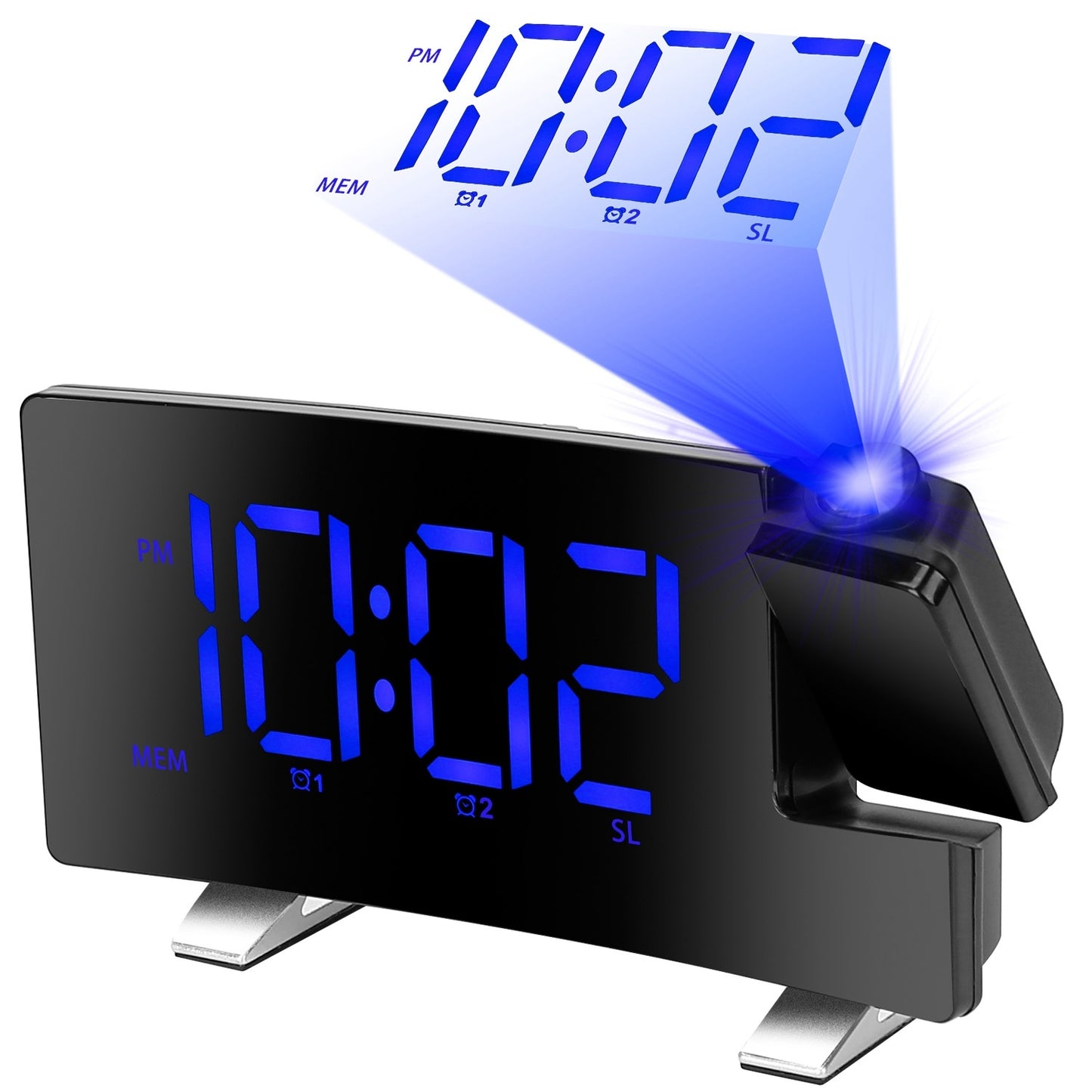 Projection Alarm Clock with Radio – Curved LED Screen, Dual Alarms, 4-Level Dimmer, USB Charging Port, 180° Rotatable Time Display |The Trendora Vault|