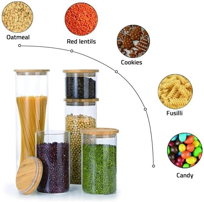 Glass Canister Set with Airtight Bamboo Lids – Clear Storage Jars for Kitchen Pantry, Coffee, Sugar, Flour, Tea & Spices |The Trendora Vault|