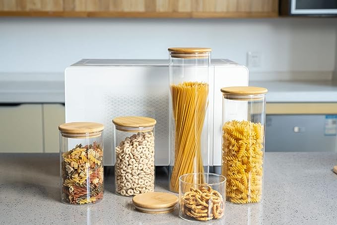 Glass Canister Set with Airtight Bamboo Lids – Clear Storage Jars for Kitchen Pantry, Coffee, Sugar, Flour, Tea & Spices |The Trendora Vault|