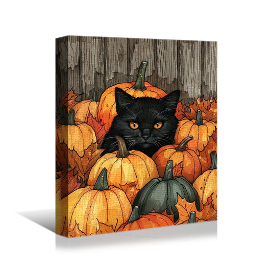 Festive Black Cat Wall Art – Autumn Pumpkin Patch Print, Halloween Home Decor, Cute Fall Cat Artwork for Seasonal Accent |The Trendora Vault|