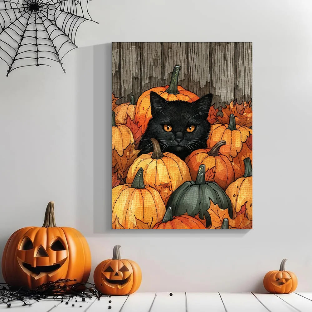 Festive Black Cat Wall Art – Autumn Pumpkin Patch Print, Halloween Home Decor, Cute Fall Cat Artwork for Seasonal Accent |The Trendora Vault|