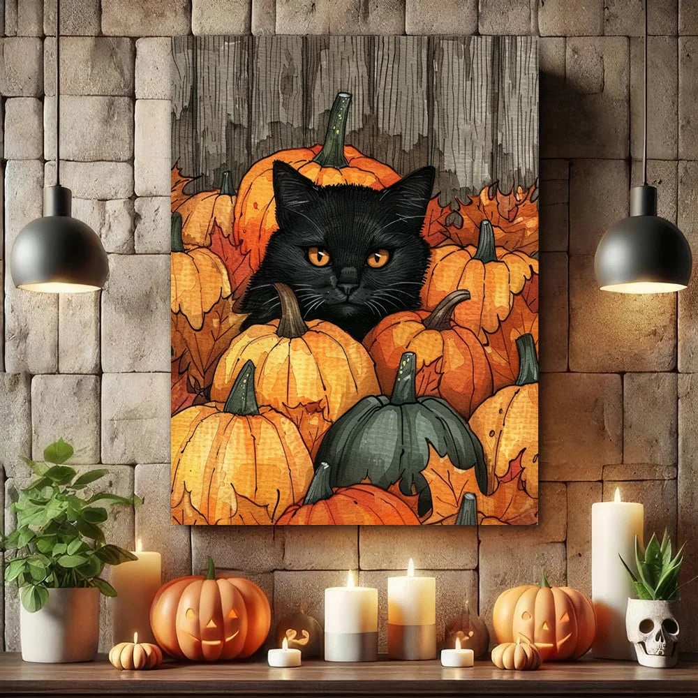Festive Black Cat Wall Art – Autumn Pumpkin Patch Print, Halloween Home Decor, Cute Fall Cat Artwork for Seasonal Accent |The Trendora Vault|