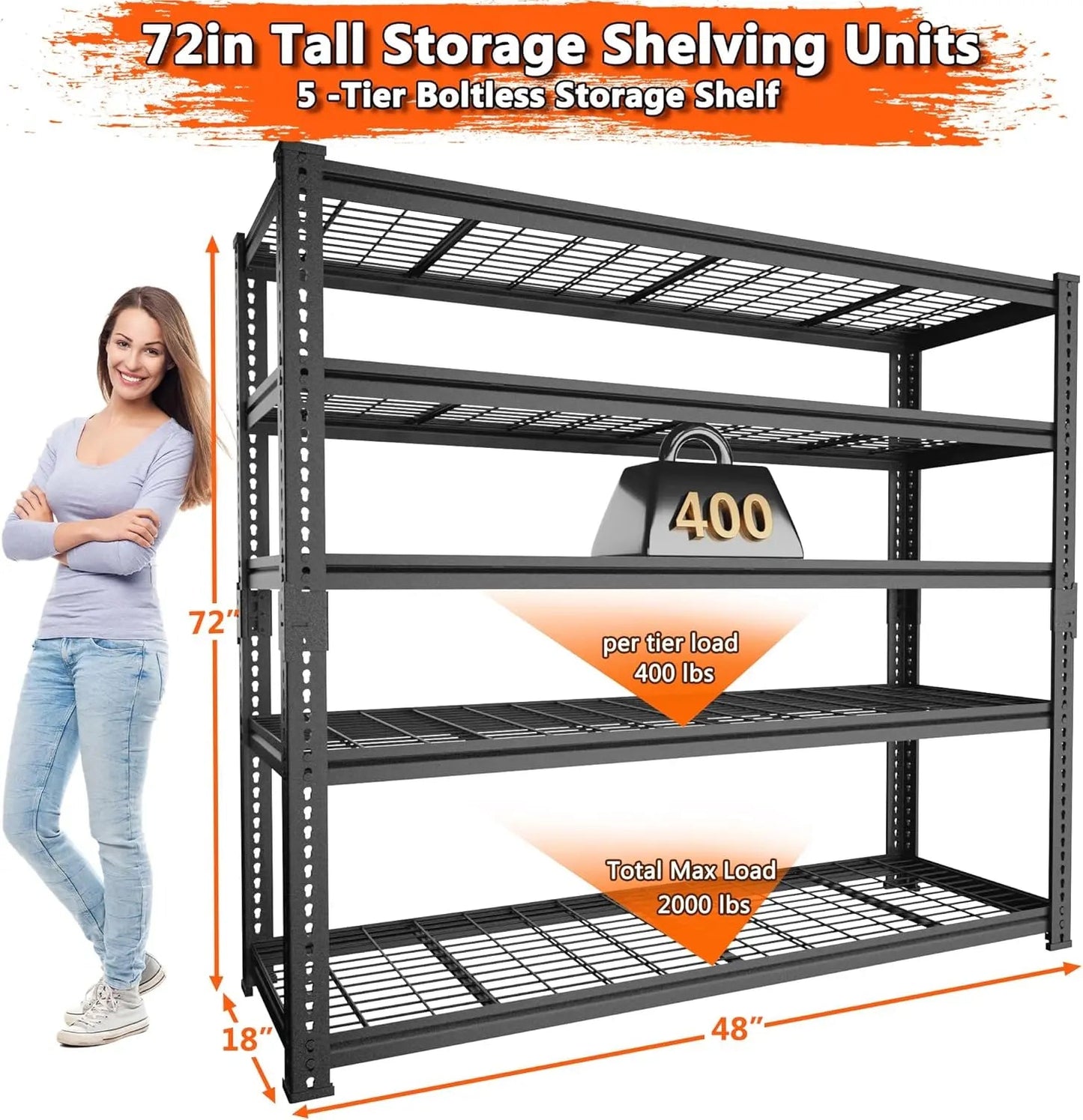 Hausvita 5-Tier Heavy Duty Storage Shelves – 48"x18"x72" Metal Wire Shelving Unit, Adjustable Garage Rack Holds 2000LBS for Pantry, Kitchen, Basement, Warehouse |The Trendora Vault|