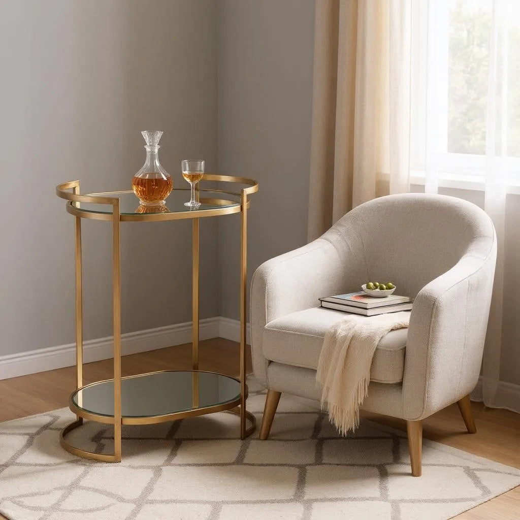 HMS Gold & Silver Metal Bar Cart – Modern Mirrored Glass Serving Cart for Home Decor, Kitchen, or Dining Room |The Trendora Vault|