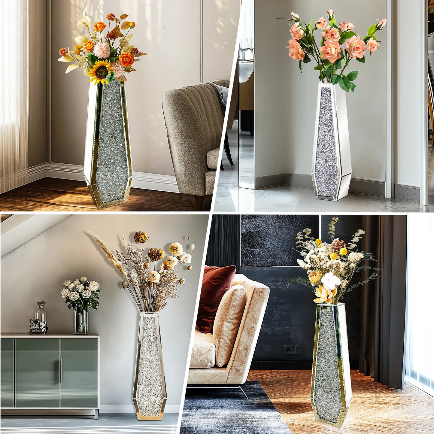 68CM Crushed Diamond Mirrored Floor Vase – Silver Crystal Glass Vase for Pampas Grass & Artificial Flowers, 2 Decorative Shapes |The Trendora Vault|