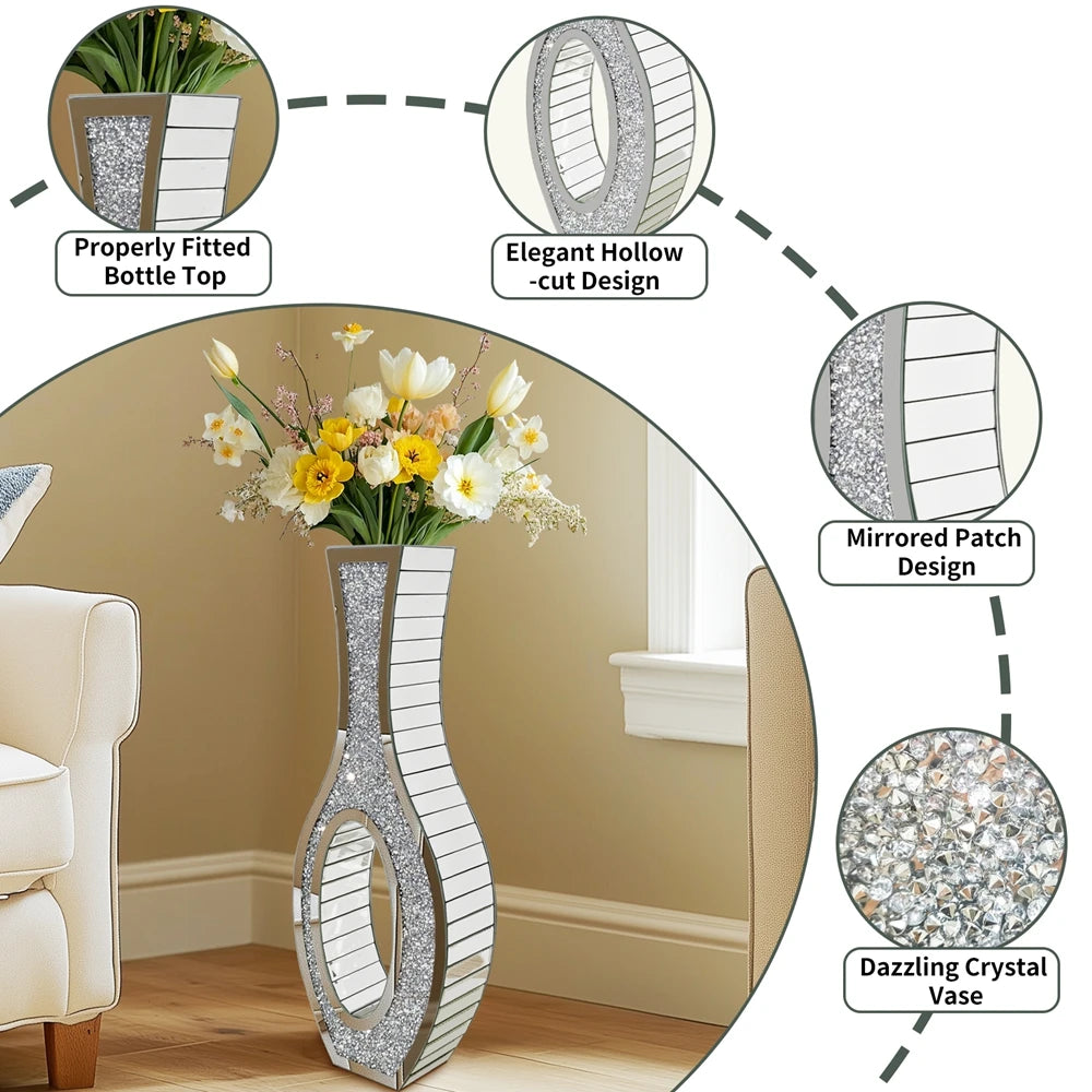 Tall Silver Mirrored Floor Vase – Decorative Crystal Crush Diamond Design for Living Room, Entryway, or Event Centerpieces |The Trendora Vault|