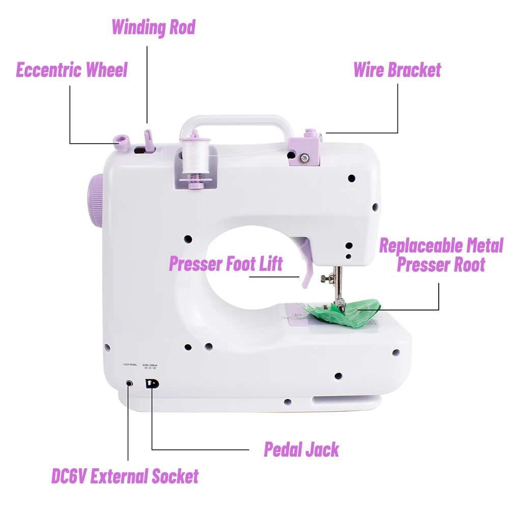 Portable Mini Electric Sewing Machine for Beginners 12 Stitches Foot Pedal Night Light Speed Control for DIY Home Sewing Mending I The Trenodora Vault|