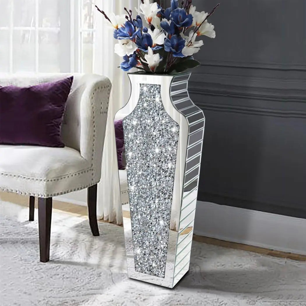 68CM Crushed Diamond Mirrored Floor Vase – Silver Crystal Glass Vase for Pampas Grass & Artificial Flowers, 2 Decorative Shapes |The Trendora Vault|