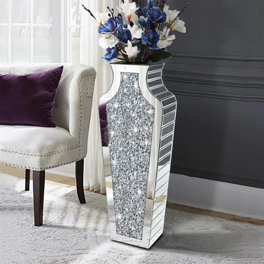 68CM Crushed Diamond Mirrored Floor Vase – Silver Crystal Glass Vase for Pampas Grass & Artificial Flowers, 2 Decorative Shapes |The Trendora Vault|