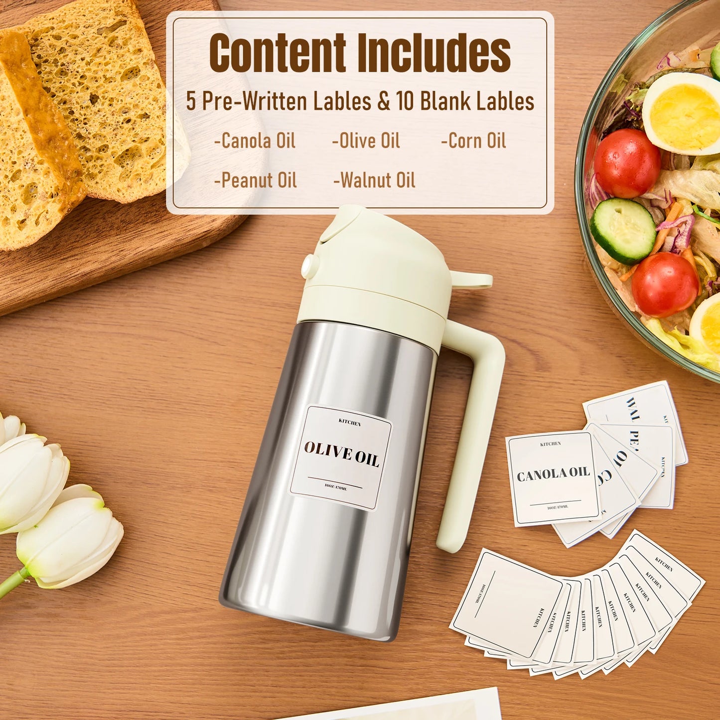 16oz Olive Oil Sprayer & Dispenser – 2-in-1 Glass Oil Bottle for Cooking with Measurement Stickers, Refillable Kitchen Gadget (470ml)|The Trendora Vault|