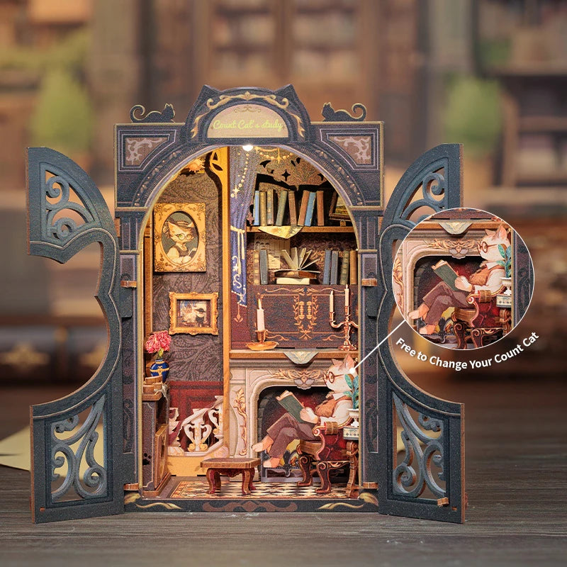 CUTEBEE DIY Book Nook Kit – 3D Wooden Miniature Dollhouse Puzzle with Light, Count Cat’s Study Model for Adults & Kids |The Trendora Vault|