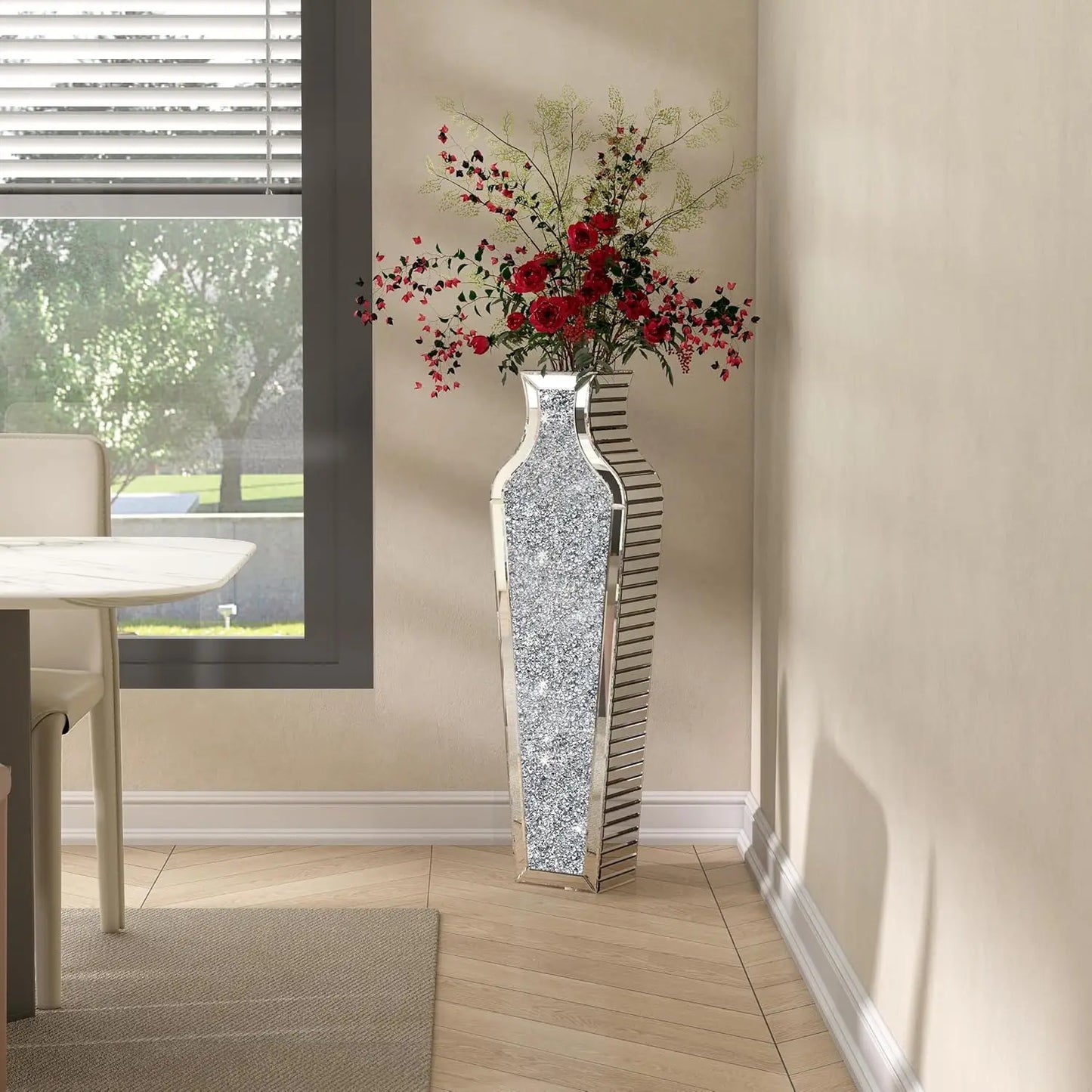 68CM Crushed Diamond Mirrored Floor Vase – Silver Crystal Glass Vase for Pampas Grass & Artificial Flowers, 2 Decorative Shapes |The Trendora Vault|