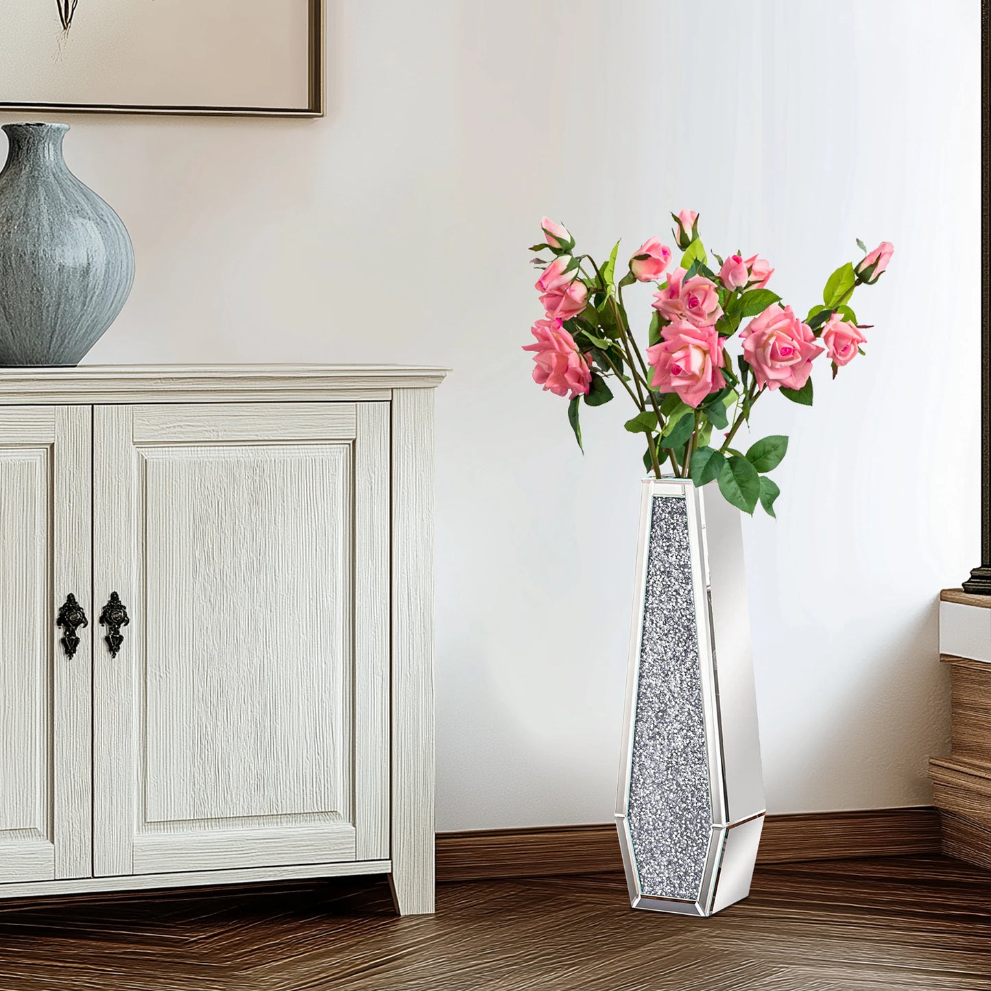 68CM Crushed Diamond Mirrored Floor Vase – Silver Crystal Glass Vase for Pampas Grass & Artificial Flowers, 2 Decorative Shapes |The Trendora Vault|