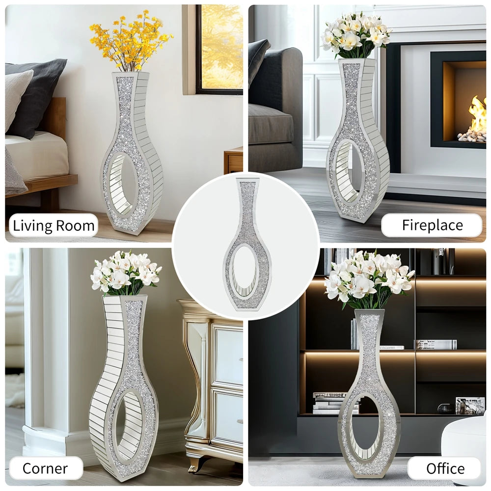Tall Silver Mirrored Floor Vase – Decorative Crystal Crush Diamond Design for Living Room, Entryway, or Event Centerpieces |The Trendora Vault|
