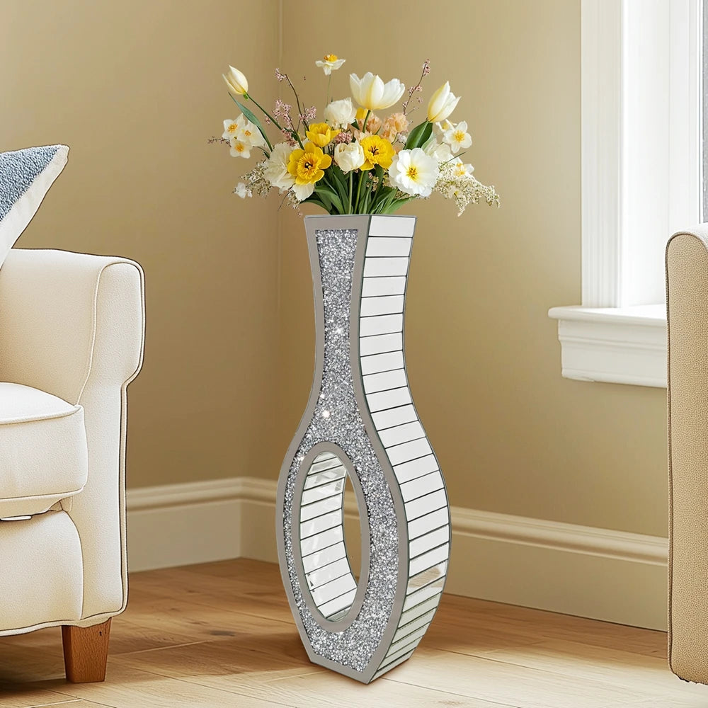 Tall Silver Mirrored Floor Vase – Decorative Crystal Crush Diamond Design for Living Room, Entryway, or Event Centerpieces |The Trendora Vault|