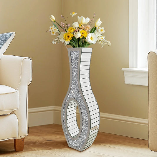 Tall Silver Mirrored Floor Vase – Decorative Crystal Crush Diamond Design for Living Room, Entryway, or Event Centerpieces |The Trendora Vault|