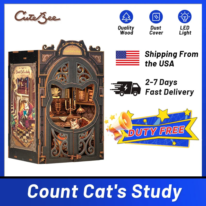 CUTEBEE DIY Book Nook Kit – 3D Wooden Miniature Dollhouse Puzzle with Light, Count Cat’s Study Model for Adults & Kids |The Trendora Vault|
