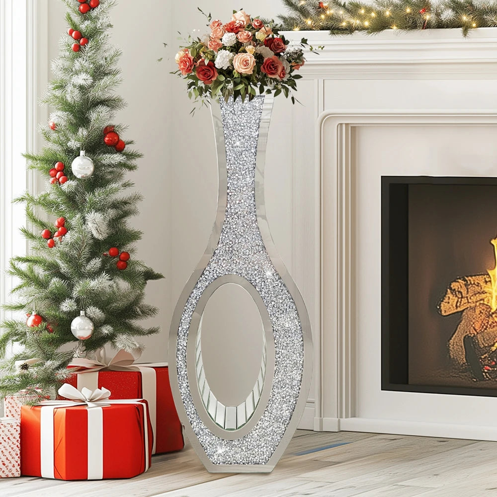 Tall Silver Mirrored Floor Vase – Decorative Crystal Crush Diamond Design for Living Room, Entryway, or Event Centerpieces |The Trendora Vault|