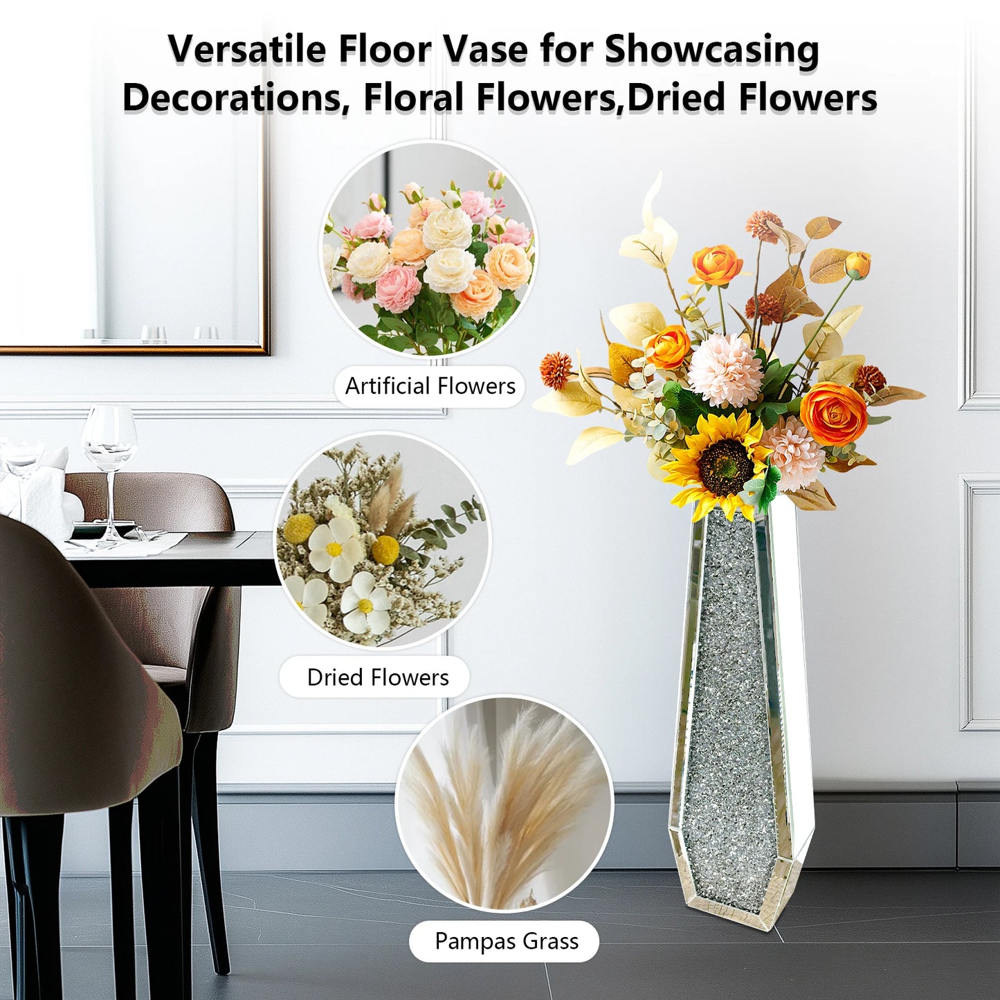 68CM Crushed Diamond Mirrored Floor Vase – Silver Crystal Glass Vase for Pampas Grass & Artificial Flowers, 2 Decorative Shapes |The Trendora Vault|