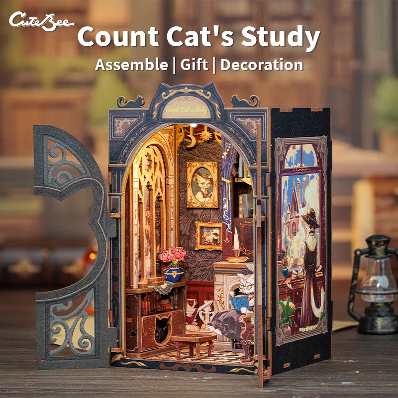 CUTEBEE DIY Book Nook Kit – 3D Wooden Miniature Dollhouse Puzzle with Light, Count Cat’s Study Model for Adults & Kids |The Trendora Vault|