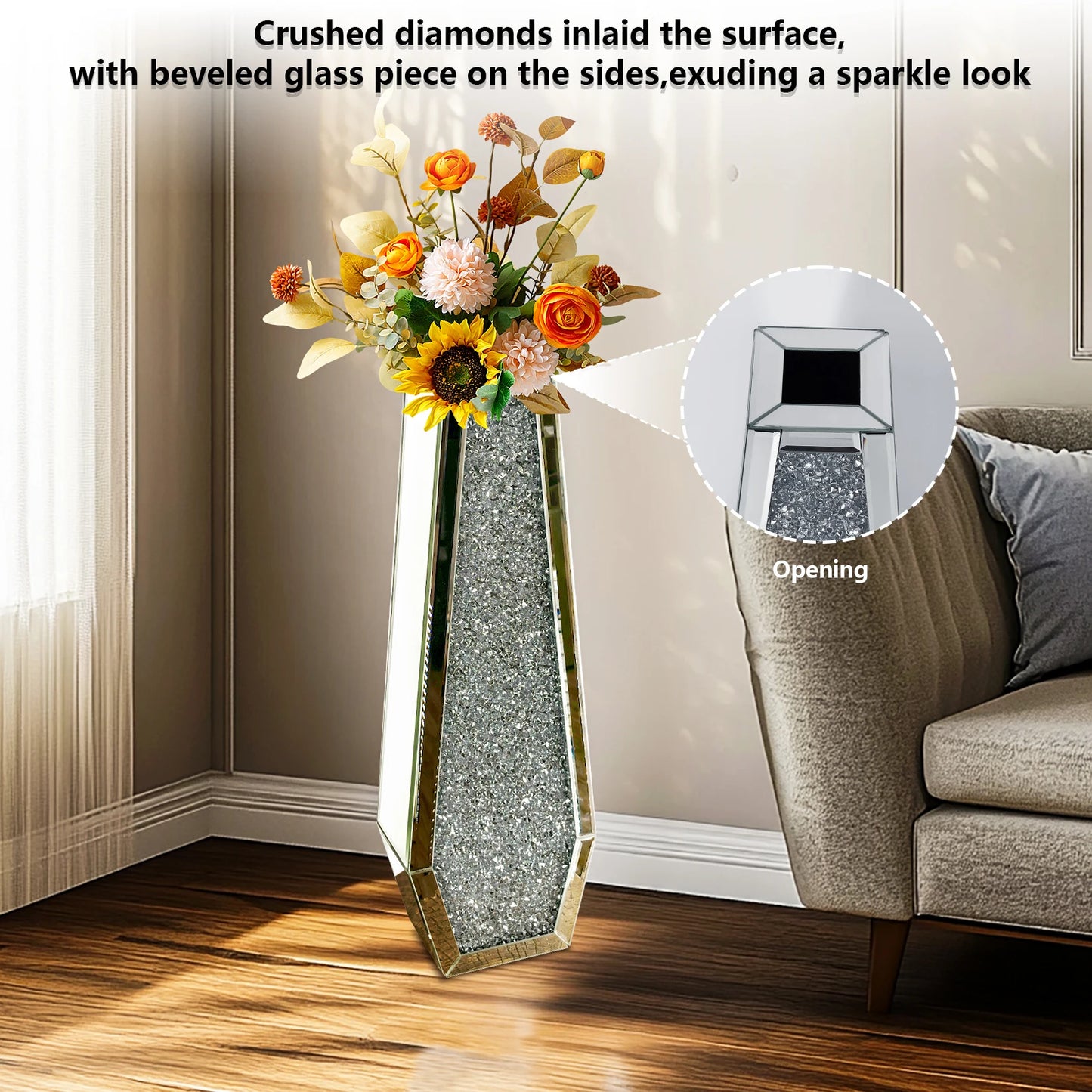 68CM Crushed Diamond Mirrored Floor Vase – Silver Crystal Glass Vase for Pampas Grass & Artificial Flowers, 2 Decorative Shapes |The Trendora Vault|