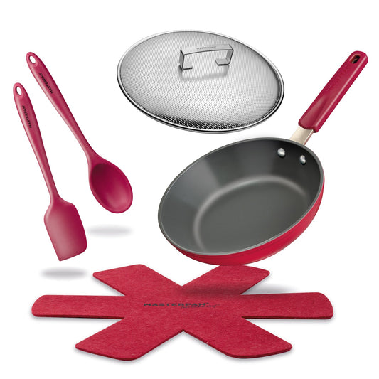 MASTERPAN 9.5-Inch Ceramic Nonstick Frypan & Skillet – Stovetop & Oven Safe with Stainless Steel Lid & Utensils, Beet Red, 24cm Cookware |The Trendora Vault|