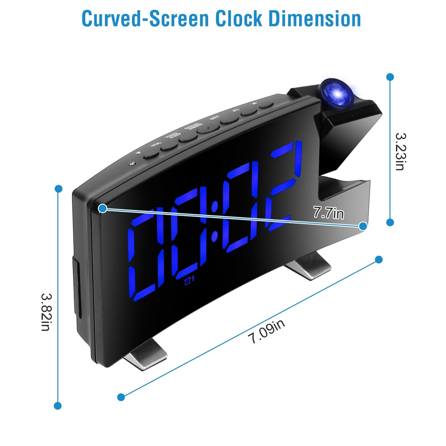 Projection Alarm Clock with Radio – Curved LED Screen, Dual Alarms, 4-Level Dimmer, USB Charging Port, 180° Rotatable Time Display |The Trendora Vault|