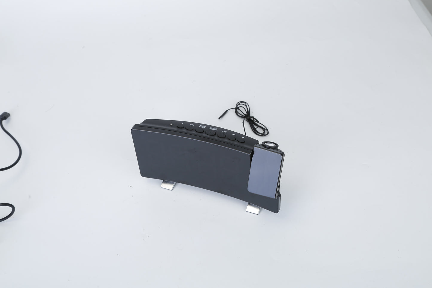 Projection Alarm Clock with Radio – Curved LED Screen, Dual Alarms, 4-Level Dimmer, USB Charging Port, 180° Rotatable Time Display |The Trendora Vault|