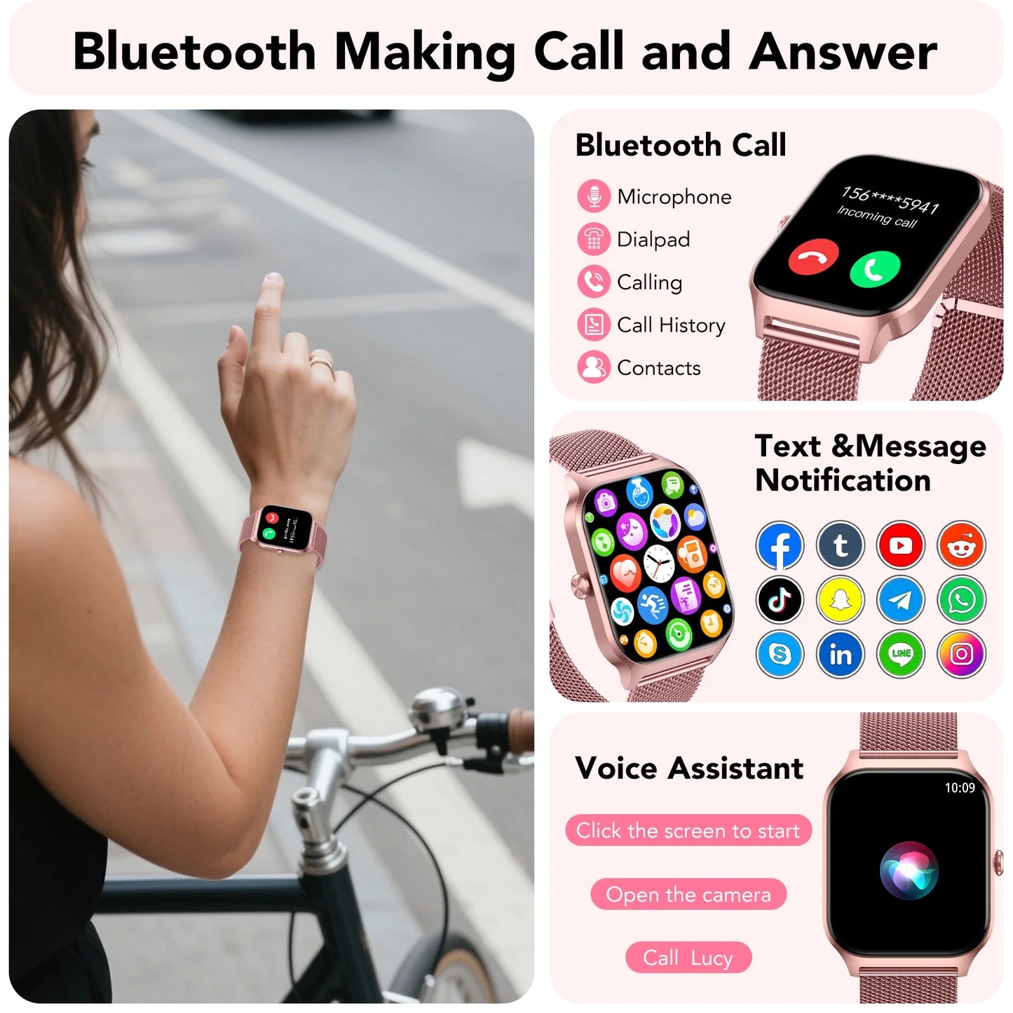 Smart Watch Fits for Android and IPhone, 1.85 inch Fitness Tracker, Men Women's Smartwatch with Answer/Make Calls/120+ Sports Modes/Message Reminder, IP68 Waterproof, for Gift Rose |The Trendora Vault|